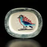 Pablo Picasso, Polychrome bird (Oiseau polychrome), 1947, White earthenware rectangular dish, painted in colors with boring-rod engraving and colored glazes