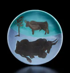 Bulls (Toros) by Pablo Picasso, 1952, White earthenware turned plate painted in white enamel, blue, green and black with oxidized paraffin; ceramic, Madoura e, sold Apr 2019