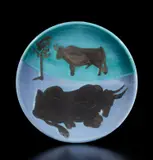 Bulls (Toros) by Pablo Picasso, 1952, White earthenware turned plate painted in white enamel, blue, green and black with oxidized paraffin; ceramic, Madoura e, sold Apr 2019