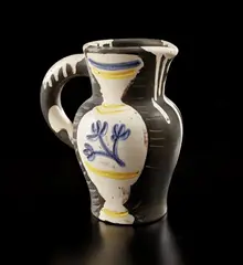 Pitcher with vase (Pitchet au vase) by Pablo Picasso, 1954, White earthenware turned pitcher with knife engraving, painted in colors with partial brushed glaze, sold Apr 2019