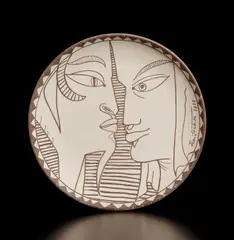 Indes by Jean Cocteau, 1958, White earthenware round dish, painted in gray, sold Apr 2019