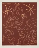 Carnaval 1967 "Clown et danseurs" (Carnival 1967 "Clown and Dancers") by Pablo Picasso, 1967, Linocut in colors, on Arches paper, with full margins, sold Apr 2019