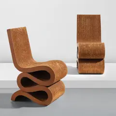 Frank Gehry, Pair of "Wiggle" side chairs, from the "Easy Edges" series, circa 1972, Corrugated cardboard, Masonite