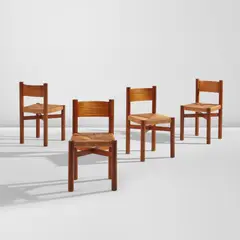 Charlotte Perriand, Set of four "Méribel" chairs, designed 1941, executed circa 1960, Mahogany, straw