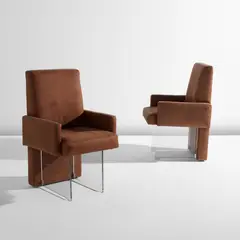 Vladimir Kagan, Pair of "Clos" armchairs, model no. 7100A, circa 1975, Acrylic, leather upholstery