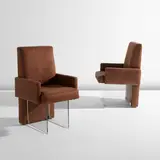 Vladimir Kagan, Pair of "Clos" armchairs, model no. 7100A, circa 1975, Acrylic, leather upholstery