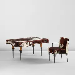 Elizabeth Garouste and Mattia Bonetti, "Rodéo" desk and armchair, 1990, Wrought iron, oak, cowhide, fabric