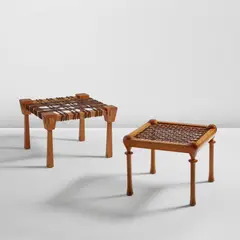 T. H. Robsjohn-Gibbings, Two "Diphros" stools, model nos. 1 and 20, circa 1965, Walnut, leather
