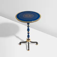 Gilbert Poillerat, Guéridon, designed circa 1950, Patinated bronze, gilt bronze, gilt-decorated and glazed porcelain