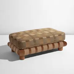 Jacques Grange, Ottoman, circa 2022, Oak, linen, fabric upholstery