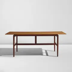 Finn Juhl, Early work table, circa 1945, Teak, maple-veneered wood, brass