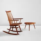 Mira Nakashima, "New Chair" rocker and "Wepman" side table, 1993 and 1991, American black walnut, hickory