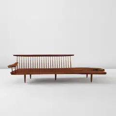 George Nakashima, Rare and early "Conoid" bench with single free-form arm, 1961, American black walnut, hickory, three East Indian rosewood butterfly keys