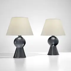 Jacques Grange, Pair of "Bilboquet" table lamps, circa 2022, Glazed terracotta, paper shades