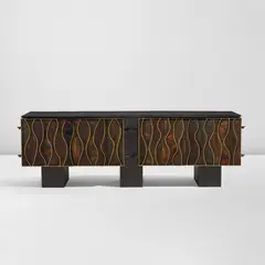 Paul Evans, "Wavy Front" cabinet, 1973, Painted, patinated, and gilt steel, cleft slate, painted wood