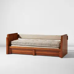 Charlotte Perriand, Unique bed, from the apartment of Charlotte Perriand, rue Las-Cases, Paris, circa 1986, Elm, fabric upholstery