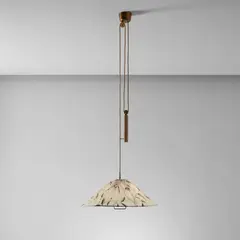 Ceiling light, model no. A1998 by Paavo Tynell, circa 1955, Brass, painted brass, fabric shade, sold Feb 2025
