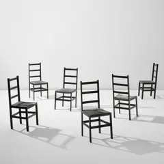 Steven Holl, Set of six dining chairs, circa 1986, Painted wood, velvet upholstery