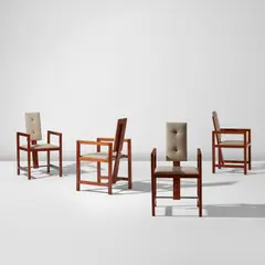 Set of four chairs by André Sornay, 1950s, Sapele, steel, fabric upholstery, sold Feb 2025