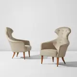 Kerstin Hörlin-Holmquist, Pair of "Eva" chairs, circa 1958, Beech, fabric upholstery