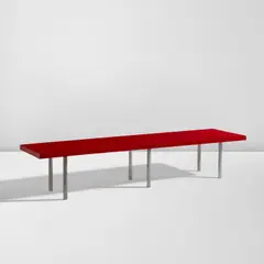 Coffee table or bench by Paul Lester Wiener, circa 1948, Lacquered wood, steel, sold Feb 2025