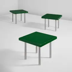 Group of three side tables by Paul Lester Wiener, circa 1948, Lacquered wood, steel, sold Feb 2025