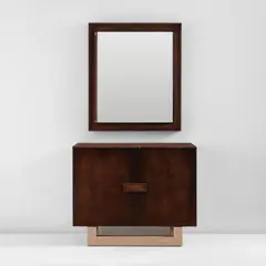 Samuel Marx, Cabinet and mirror, circa 1950, Leather-covered wood, limed oak, mirrored glass