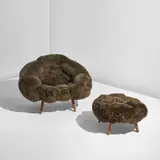 "Bolotas Armchair (Olive)" and "Bolotas Puff (Olive)" by Fernando Campana and Humberto Campana, 2015, Ipe, wool upholstery, sold Jun 2025