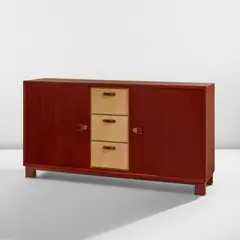 Paul Dupré-Lafon, Cabinet, circa 1935, Mahogany, mahogany-veneered wood, parchment-covered wood, leather, gilt bronze
