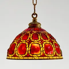 Tiffany Studios, Rare turtle-back tile ceiling light, circa 1905, Favrile and leaded glass, gilt bronze