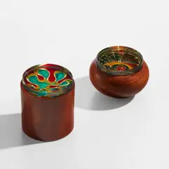 Pietro Chiesa, Two lidded boxes, circa 1961, Mahogany, walnut, reverse painted and foil-backed glass