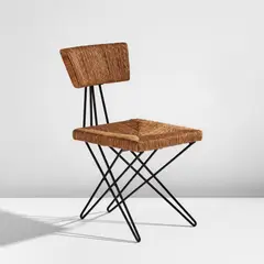 Prototype dining chair, designed for the Van Daalen House, Bergeijk, the Netherlands by Gerrit Rietveld, circa 1955, Rush, painted steel, sold Jun 2025