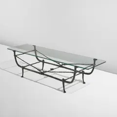 Diego Giacometti, "Berceau" low table, second version, designed circa 1970, Patinated bronze, glass