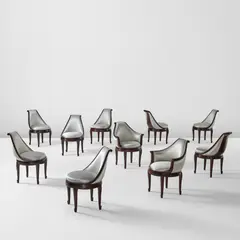 Louis Süe and André Mare, Set of ten "Gréco" dining chairs, circa 1927, Mahogany, silk upholstery