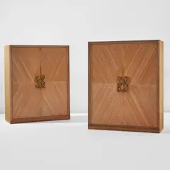 Osvaldo Borsani, Pair of wardrobes, 1944, Sycamore-veneered wood, sycamore, patinated bronze, mirrored glass, aluminum, brass, plastic