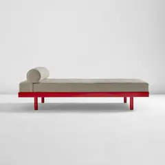 "S.C.A.L." bed, model no. 450 by Jean Prouvé, circa 1950, Painted steel, fabric upholstery, oak, sold Dec 2025