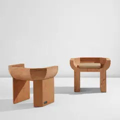 Rick Owens, Pair of "Curial" chairs, circa 2006, Plywood, fabric upholstery