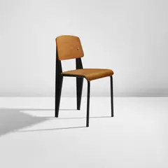 "Semi-metal" chair, model no. 305 by Jean Prouvé, circa 1950, Painted steel, oak-veneered plywood, rubber, sold Dec 2025