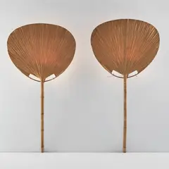Pair of "Uchiwa I" wall-mounted floor lamps by Ingo Maurer, circa 1973, Bamboo, rice paper, leather, cotton string, sold Dec 2025