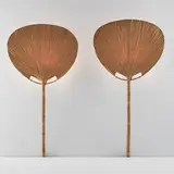 Ingo Maurer, Pair of "Uchiwa I" wall-mounted floor lamps, circa 1973, Bamboo, rice paper, leather, cotton string