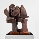 "Rasgeado" by Peter Voulkos, 1958, Stoneware constructed from paddled, wheel-thrown, and slab elements, iron oxide slip, original wood base, offered Jun 2024