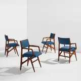 Card table, model no. 2157, and four armchairs, model no. 212, from the "Modern by Singer" series by Gio Ponti, circa 1957, Beech, sycamore, fabric upholstery, offered Jun 2024