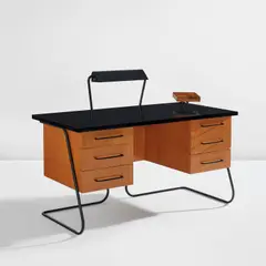 Jean Royere, Desk, circa 1955, Oak-veneered wood, oak, plastic laminate-covered wood, painted steel