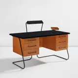 Jean Royere, Desk, circa 1955, Oak-veneered wood, oak, plastic laminate-covered wood, painted steel