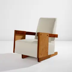 Armchair by André Sornay, 1930s, Burl ash-veneered wood, walnut, brass, fabric upholstery, sold Jun 2024