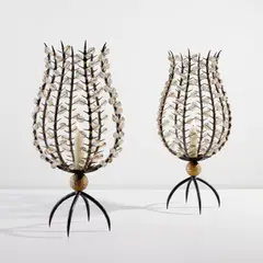 André Dubreuil, Pair of “Perles” candleholders, 1990s, Patinated iron, bronze, glass