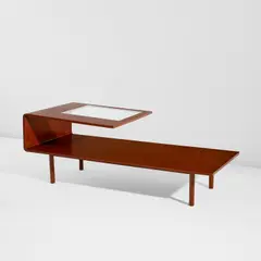 Coffee table by Joaquim Tenreiro, 1950s, Mahogany-veneered wood, mahogany, glass, offered Jun 2024