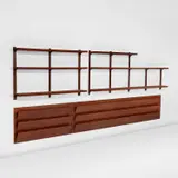 Agostino del Corno, Shelving system, 1968, Walnut, walnut-veneered wood, patinated steel