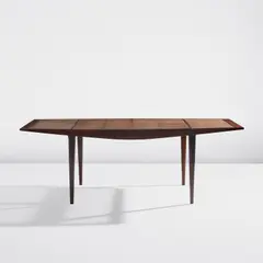Martin Eisler, Dining table, 1960s, Imbuia, cane, glass