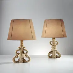 Gio Colucci, Two table lamps, 1940s, Glazed earthenware, brass, paper shades